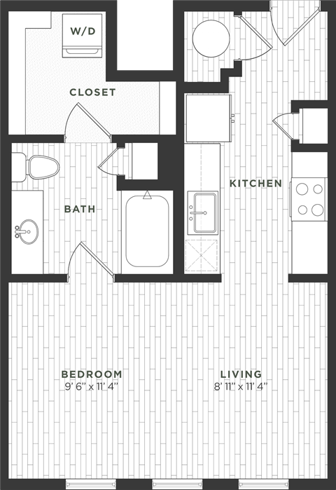 Floor plan for studio, 1 bath, 524 sqft